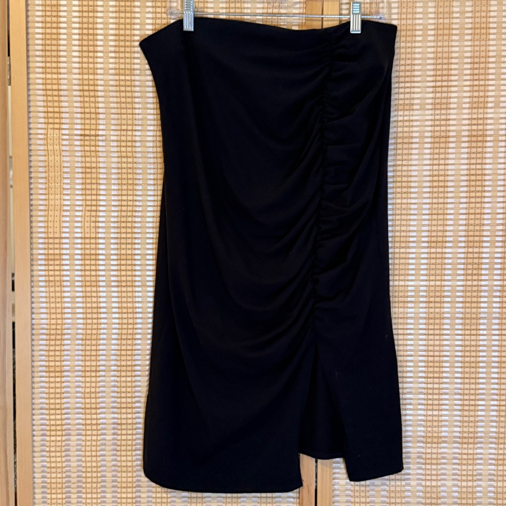 Nine West Black Ruched Midi Skirt XL Cotton Blend Side Slit Pull On Knit Goth
